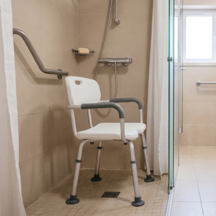 Uma fotografia realista do interior de uma casa de banho adaptada e vazia, exibindo uma cadeira de duche branca dentro da zona do chuveiro com azulejos bege e barras de apoio, com o lavatório e a sanita visíveis ao fundo.