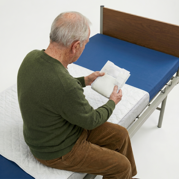 Homem idoso, de costas, sentado na borda de uma cama articulada de metal com colchão azul e resguardo descartável, enquanto segura e examina uma embalagem branca de fraldas descartáveis para adultos, num estúdio de fundo branco.