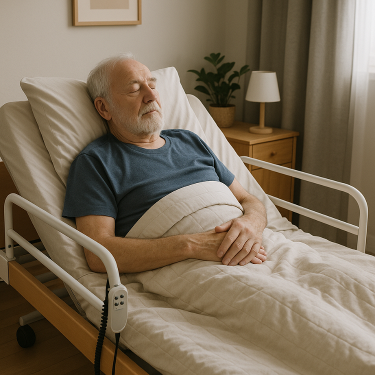 Senhor a dormir numa cama articulada elétrica