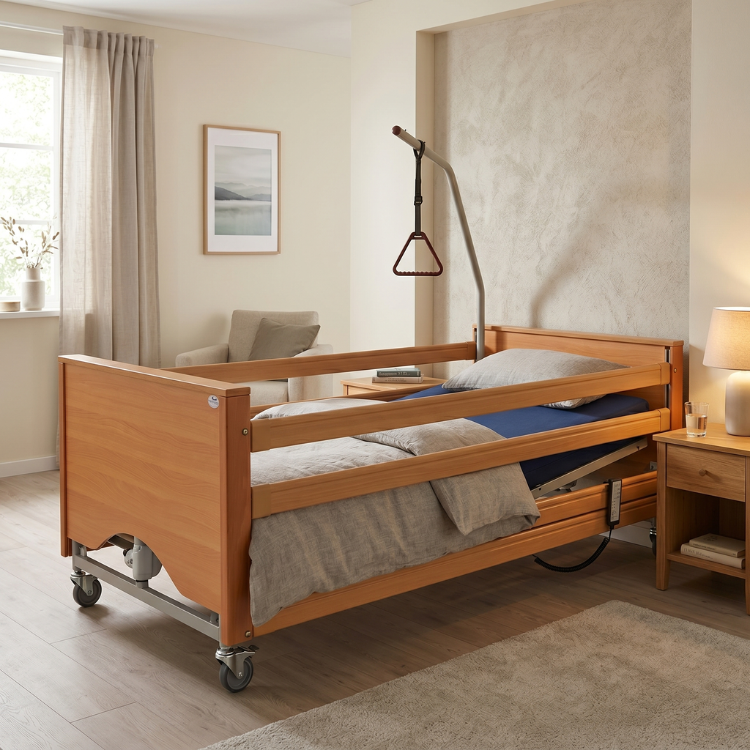Quarto de cuidados domiciliários confortável, com uma cama articulada de madeira equipada com grades de segurança e um pórtico de tracção suspenso com punho, perto de uma janela com cortinas de linho e uma poltrona de canto