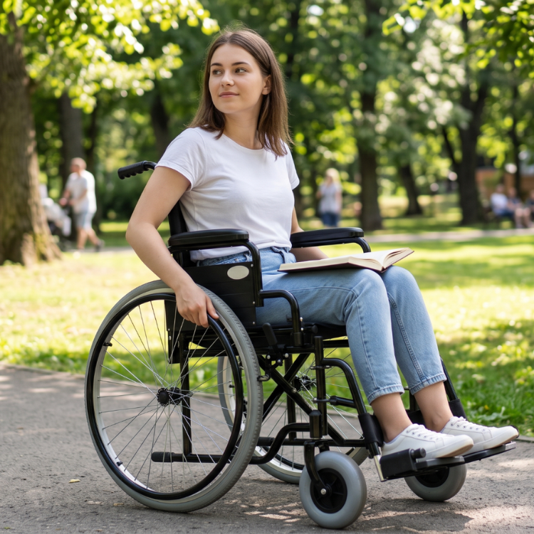 Uma jovem mulher a mover-se numa cadeira de rodas manual, num caminho pavimentado de um parque, ladeado por grandes árvores.