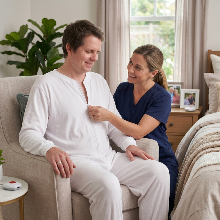 Uma cuidadora, com uniforme azul-marinho e rabo de cavalo, ajuda com ternura um homem sentado numa poltrona a ajustar o fecho do seu macacão de cuidado branco, ambos sorrindo num quarto de estilo doméstico com um jardim visível através da janela.